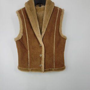 Montanaco Womens Vest Brown Beige Waist Length Buttons Faux Suede Shawl Collar M